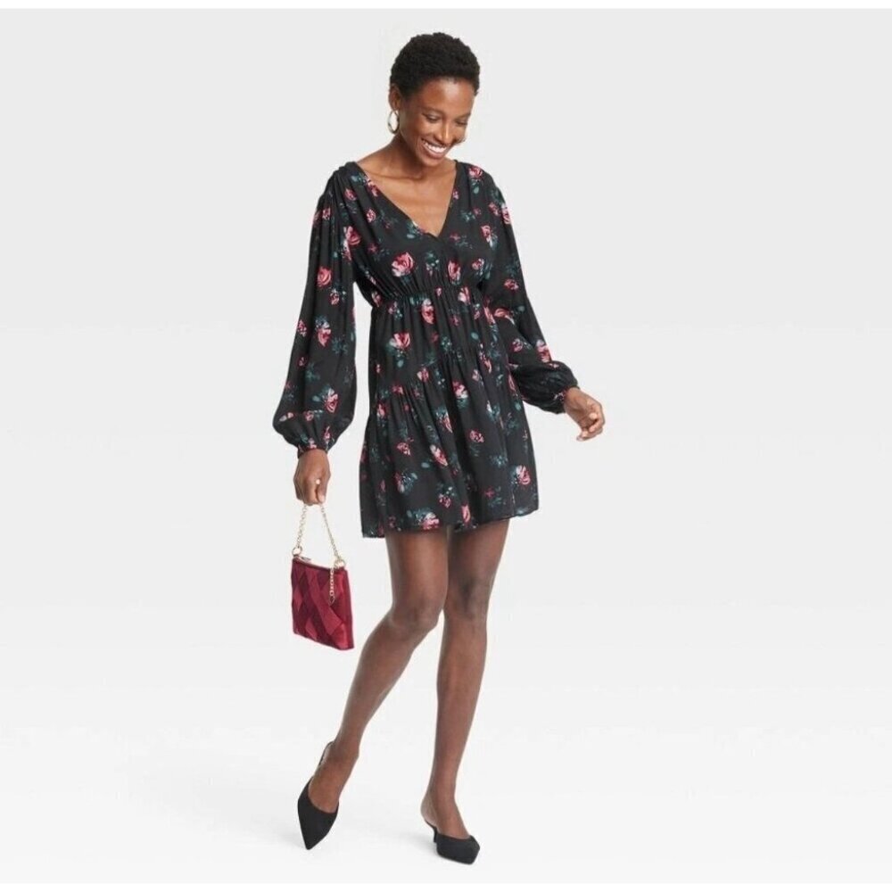 A.New Day women's balloon long sleeve dropped waist mini A-line Floral dress 2X